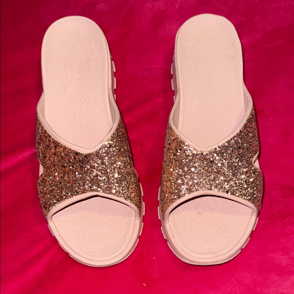 Skechers Glitter Slide Sandals - Gold and Pink Arch Fit